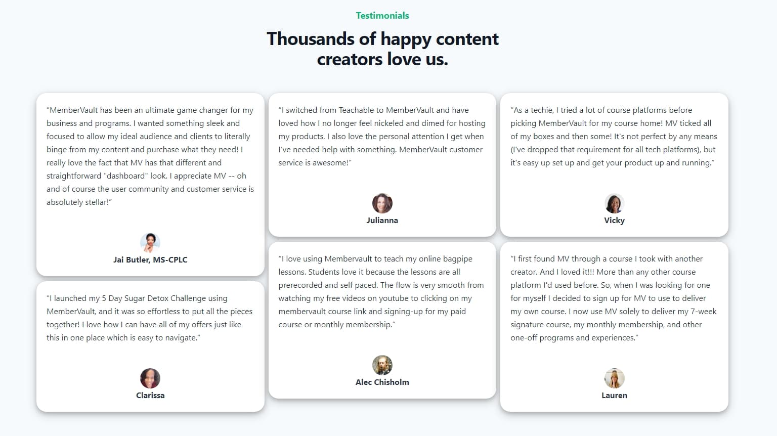 Testimonial section headed "Thousands of happy content creators love us", laid out as a three-column masonry grid of six quote cards of uneven height, each with a circular avatar and name centered beneath the quote