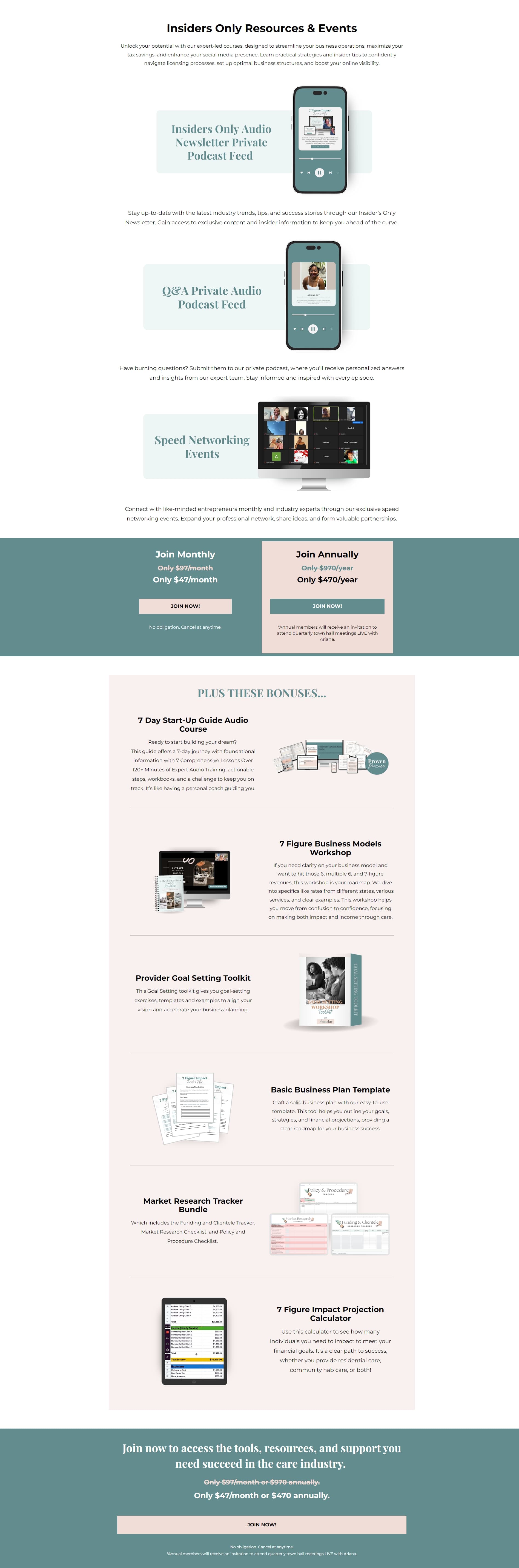 Lower half of the membership sales page: an Insiders Only Resources and Events section covering courses, a private podcast feed, and monthly networking events, a monthly against annual pricing block, and six stacked bonuses ending in a repeated Join Now call to action