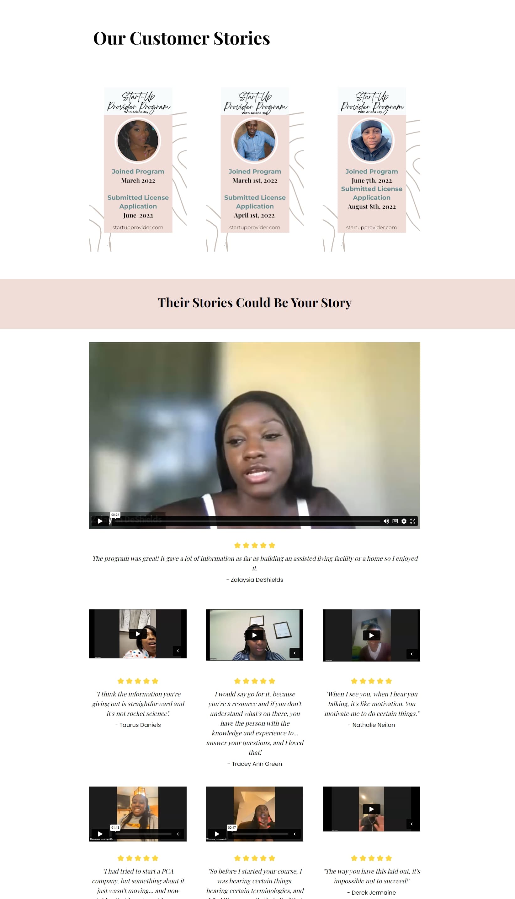 Customer stories page: three milestone cards pairing each client's join date with the date they submitted a license application, a featured video testimonial under a five-star rating, and a grid of six more rated video clips with quotes underneath