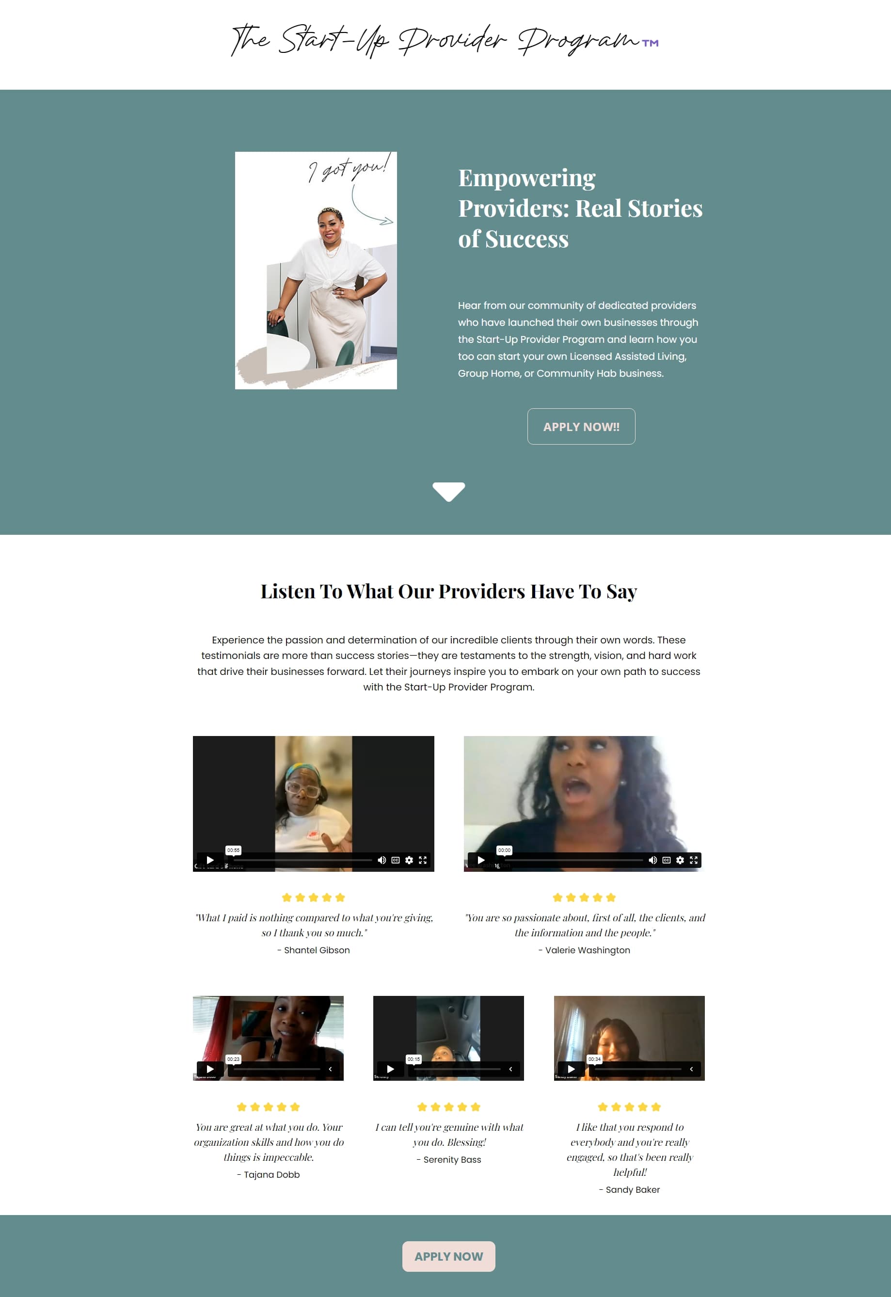 Testimonial page headed "Empowering Providers: Real Stories of Success", with an apply-now call to action and five named client quotes about launching assisted living, group home, and community habilitation businesses