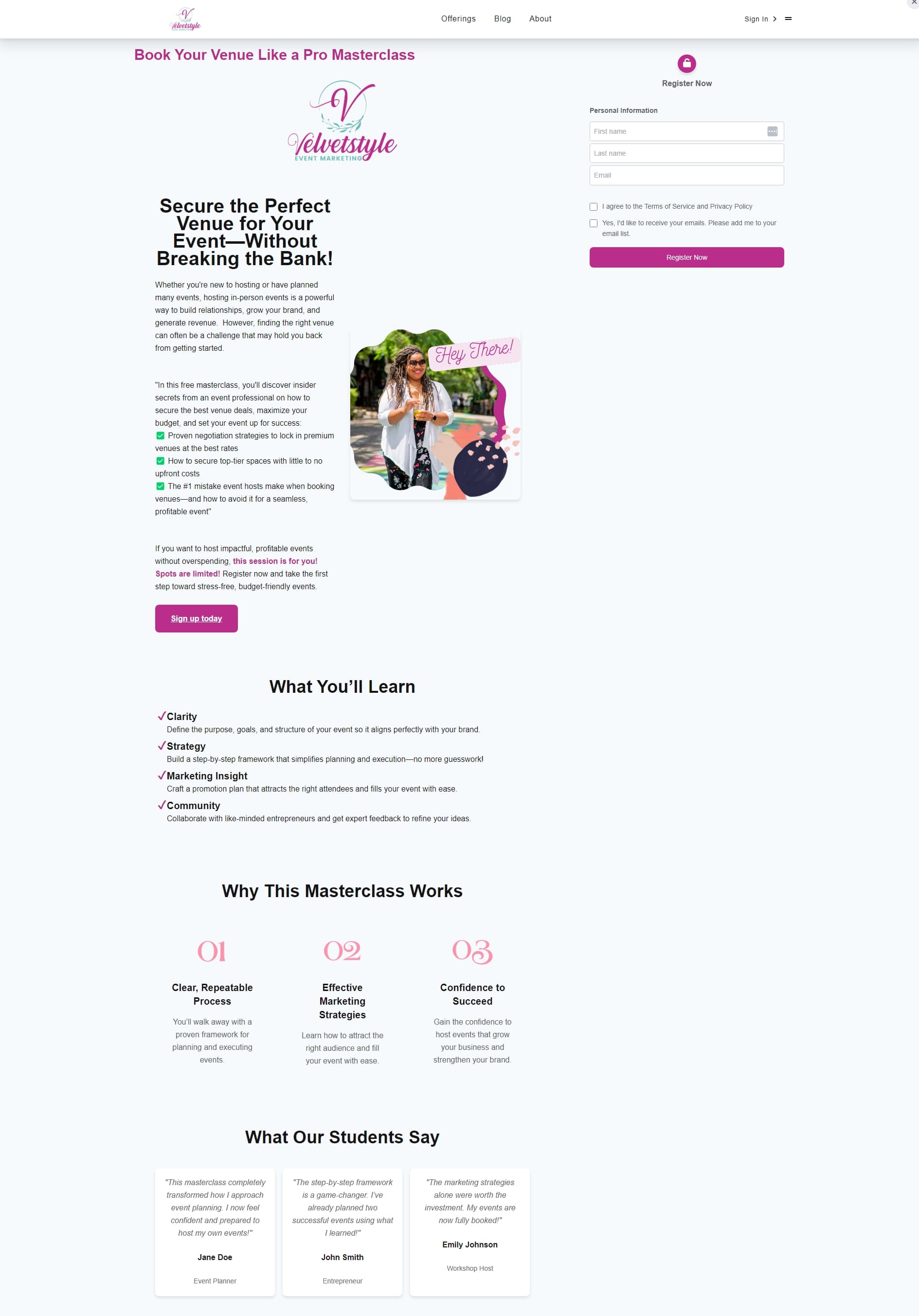 Masterclass registration page: sales copy in the left column headed "Secure the perfect venue for your event without breaking the bank", a registration form pinned in the right column, then a What You'll Learn list, a numbered Why This Masterclass Works row, and three student testimonials