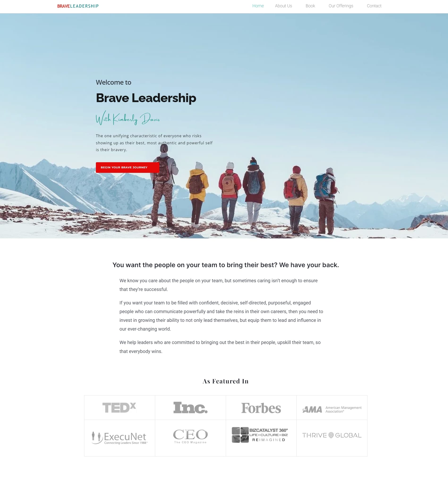 Brave Leadership home page: a full-width mountain hero headed "Welcome to Brave Leadership" over a "Begin your brave journey" button, a positioning block addressed to team leaders, and an As Featured In grid of eight press logos including TEDx, Inc., Forbes, and Thrive Global