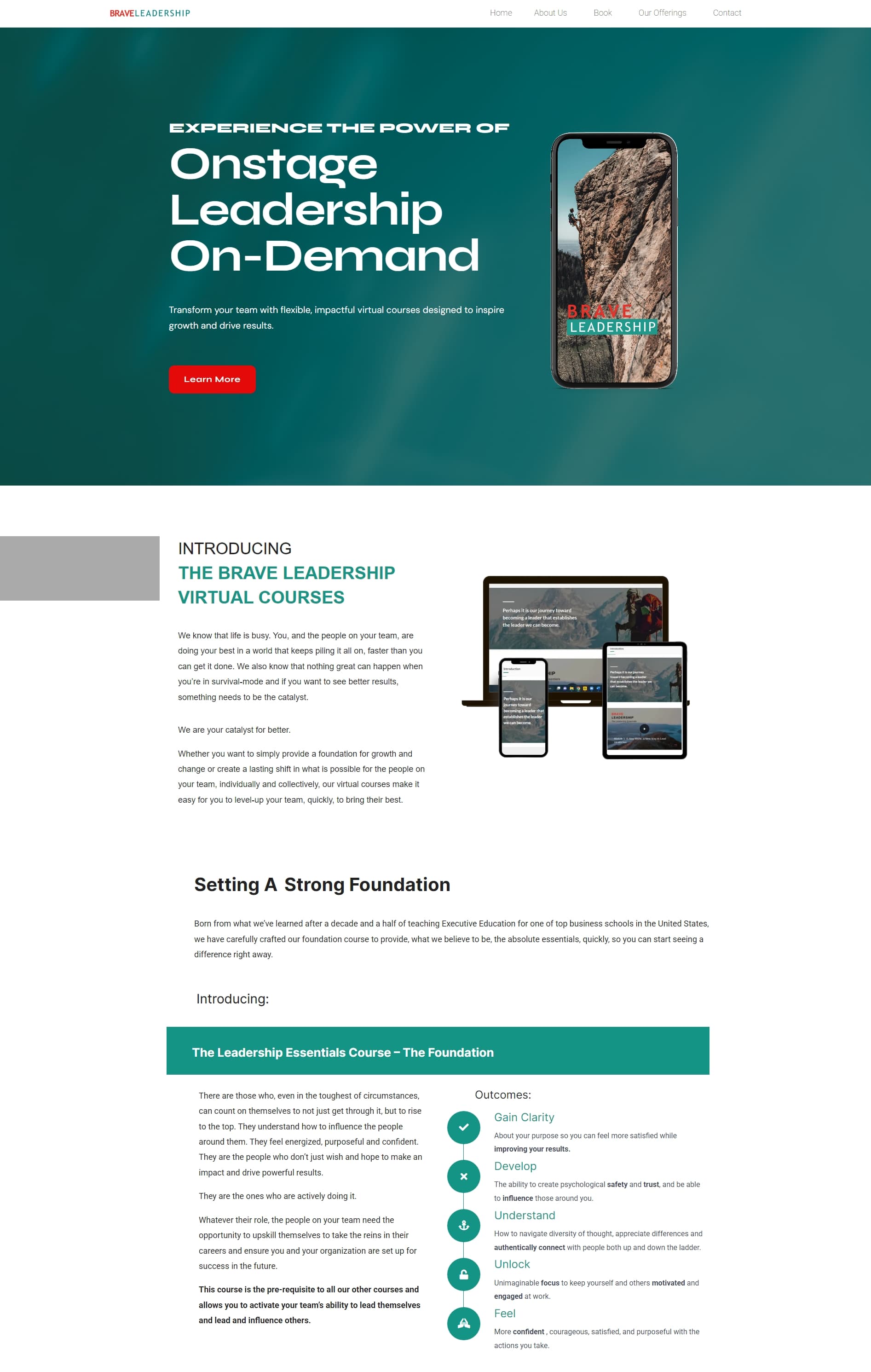 Brave Leadership virtual courses page headed "Experience the power of Onstage Leadership On-Demand", introducing the Leadership Essentials foundation course and listing its outcomes: gain clarity, develop, understand, unlock, and feel
