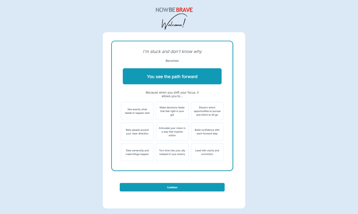 Reframe screen showing "I'm stuck and don't know why" becoming "You see the path forward", with a supporting grid of nine benefits
